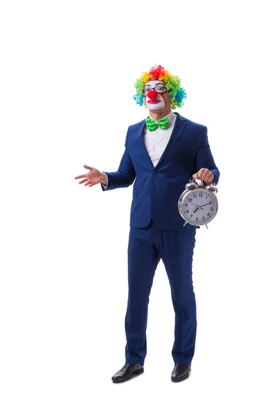 Rolig clown affärsman med en väckarklocka isolerad på vit ba — Stockfoto