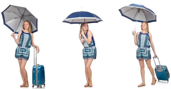 Collage di donna con ombrello e valigia — Foto Stock