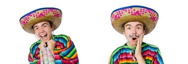 Komik genç Meksikalı yanlış bıyıklı beyaz izole.