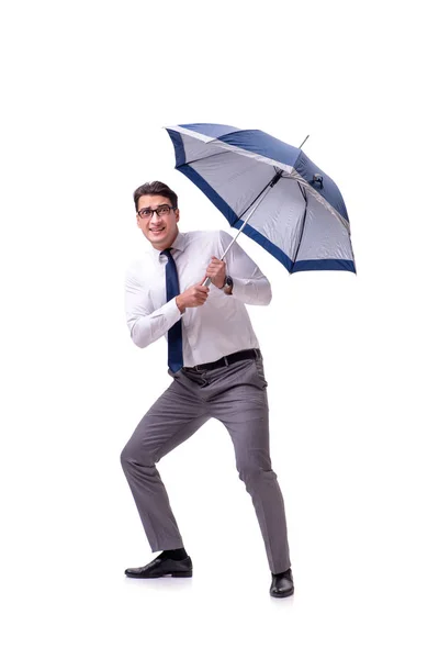 Young businessman with umbrella isolated on white — Stock Photo, Image