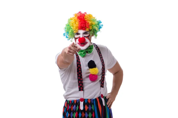 Смішний клоун, що діє дурно ізольовано на білому тлі — стокове фото