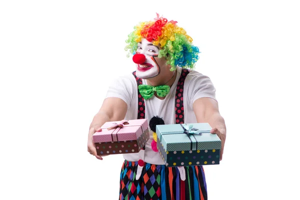 Funny clown with a gift present box isolated on white background — Stock Photo, Image