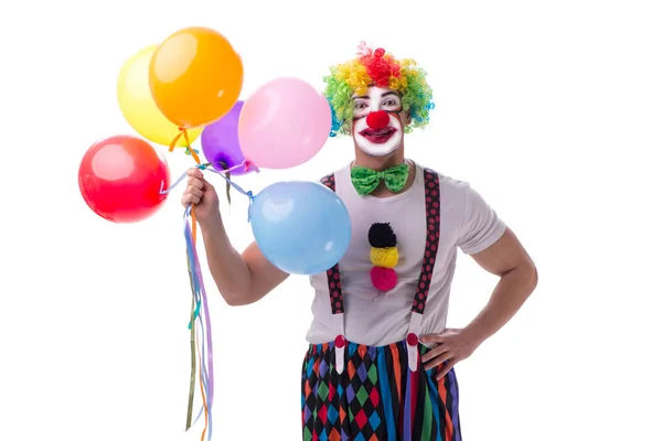 Grappige clown met ballonnen geïsoleerd op witte achtergrond — Stockfoto