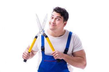 Adam bahçıvan beyaz zemin üzerine Bahçe makası ile izole