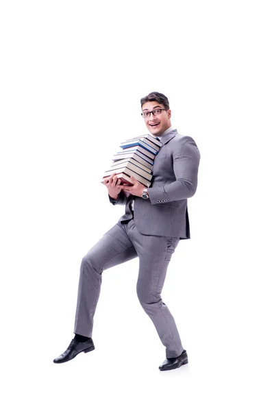 Estudante empresário carregando pilha segurando de livros isolados em w — Fotografia de Stock