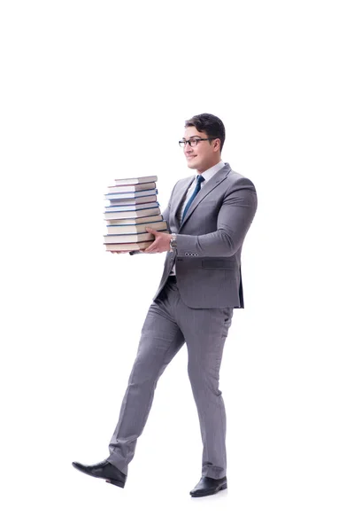 Businessman student carrying holding pile of books isolated on w — Stock Photo, Image