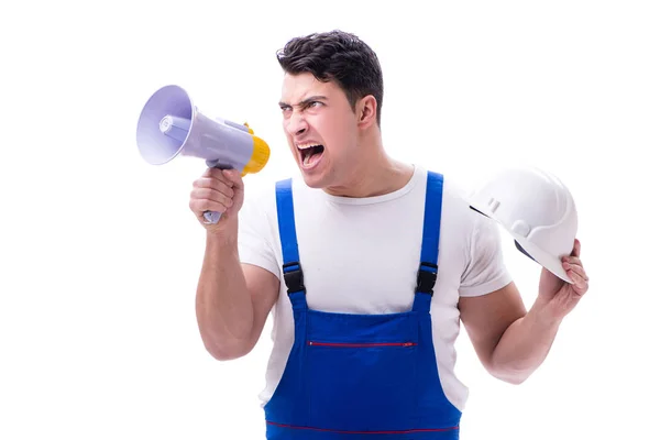 Repairman with megaphone and a digging axe on white background i — Stock Photo, Image