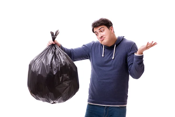 Hombre con saco de basura aislado en blanco —  Fotos de Stock