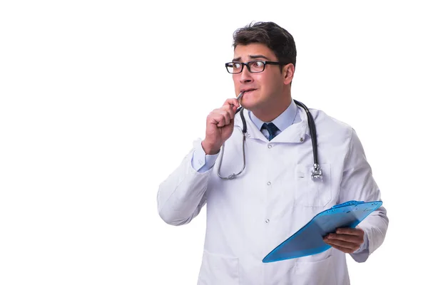 Junger Arzt mit Schreibtafel isoliert auf weißem Rücken — Stockfoto