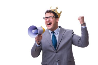 Beyaz arka plan üzerinde izole bir megafon ile Kral işadamı