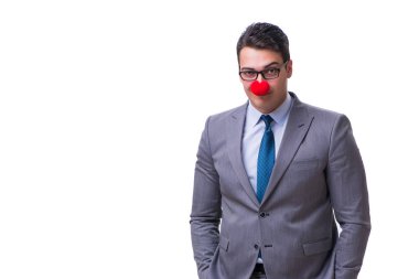 Beyaz arka planda izole komik palyaço işadamı