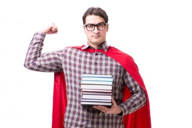 Kitapları beyaza ayrılmış süper kahraman öğrenci.