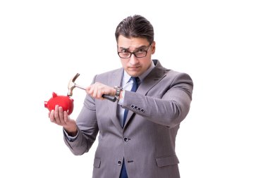 Kumbarayı dağıtan işadamı beyaz arkaplanı izole etti