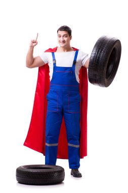 Lastik izole edilmiş beyaz arka planı olan süper kahraman.