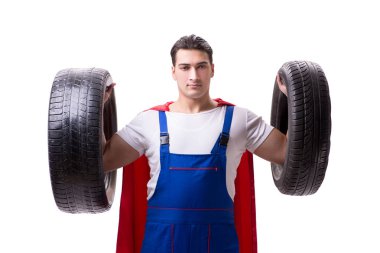 Lastik izole edilmiş beyaz arka planı olan süper kahraman.