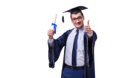 Mezun olan genç bir öğrenci beyazlar içinde.