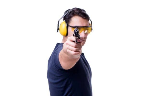 Hombre haciendo tiro deportivo de arma aislada en blanco —  Fotos de Stock
