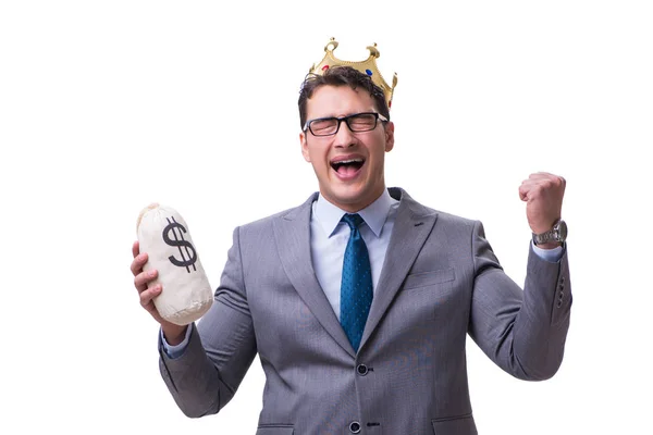 Kung affärsman hålla pengar väska isolerad på vit bakgrund — Stockfoto