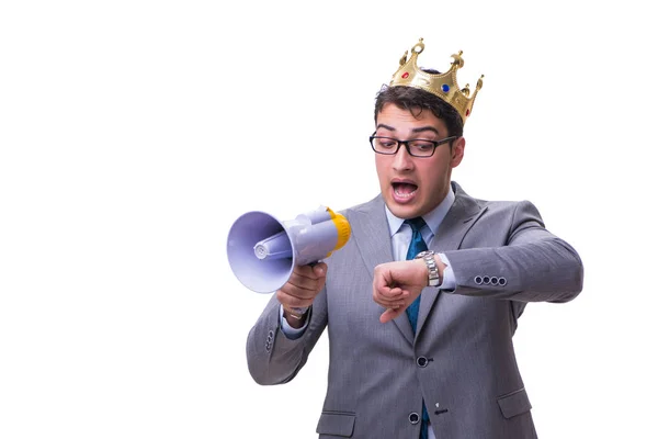Rei empresário com um megafone isolado no fundo branco — Fotografia de Stock