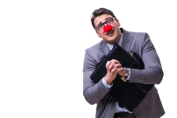 Rolig clown med portföljen på vit — Stockfoto