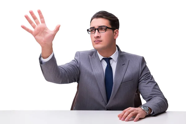 Joven hombre de negocios presionando botones virtuales aislados en blanco bac —  Fotos de Stock