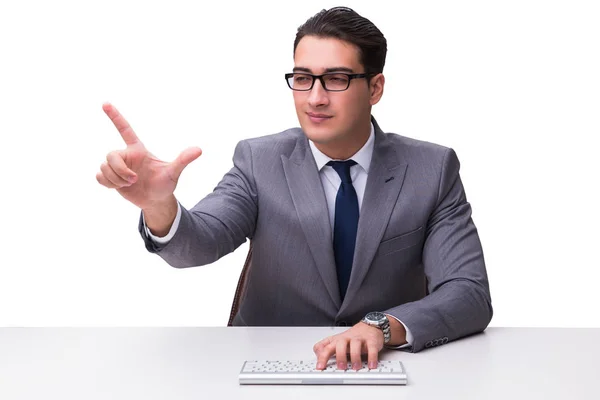 Joven hombre de negocios escribiendo en un teclado pulsando botones virtuales —  Fotos de Stock