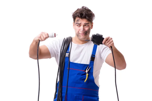 Legrační člověk dělá elektrické opravy — Stock fotografie