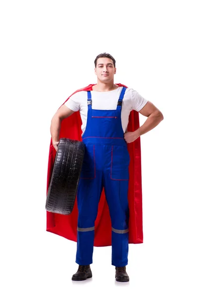 Superhero man with tyre isolated white background — Stock Photo, Image