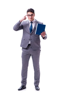 Beyaz arka planda izole edilmiş bir kitap okuyan işadamı öğrencisi