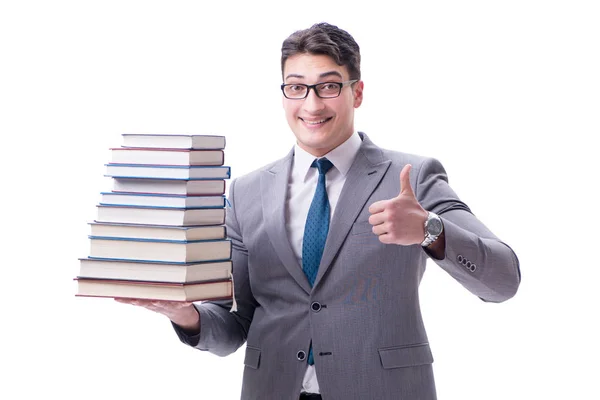 Zakenman student dragen bedrijf stapel boeken geïsoleerd op w — Stockfoto