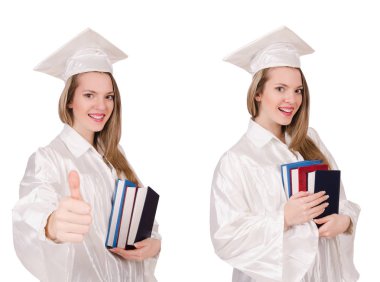 Diplomalı bir kız, beyazlar içinde izole edilmiş.