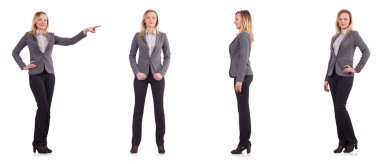 Gri elbiseli beyaz izole işkadını