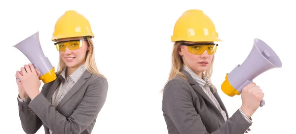 Kvinnliga ingenjör i hjälm med högtalare isolerad på vit — Stockfoto
