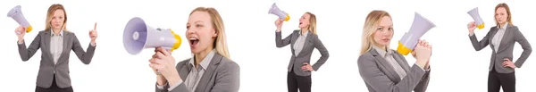 Femme d'affaires avec bullhorn isolé sur blanc — Photo