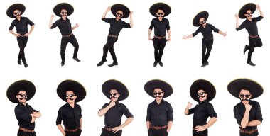 Meksika şapkası takan komik bir adam beyaz şapkalı.