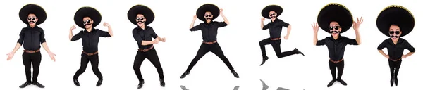 Funny man wearing mexican sombrero hat isolated on white — Stock Photo, Image