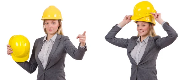 Businesswoman in gray suit and safety helmet isolated on white — Stock Photo, Image