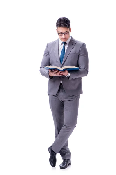 Zakenman student het lezen van een boek geïsoleerd op witte achtergrond — Stockfoto