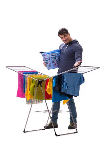 Marido hombre haciendo ropa aislada en blanco — Foto de Stock