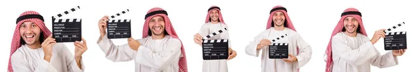 Arabische man met film klepel op wit — Stockfoto