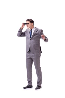 Dürbünlü genç adam beyaza izole edilmiş.