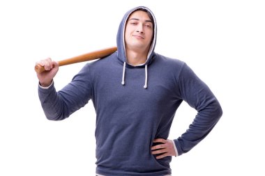 Beyazda beysbol sopası olan genç bir holigan.