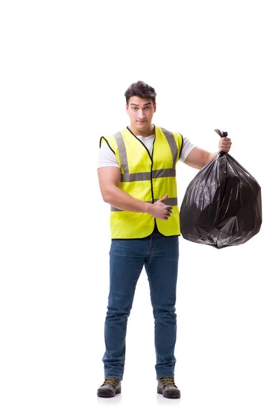 Hombre con saco de basura aislado en blanco — Foto de Stock