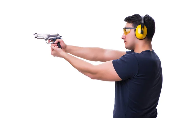 Człowiek robi sport strzelanie z pistoletu izolowane na białym — Zdjęcie stockowe