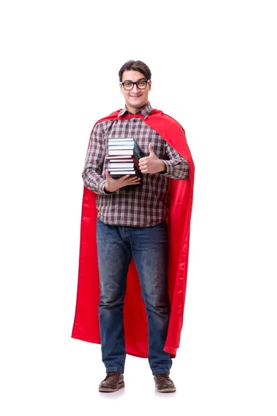 Super hrdina student s knihami izolované na bílém — Stock fotografie