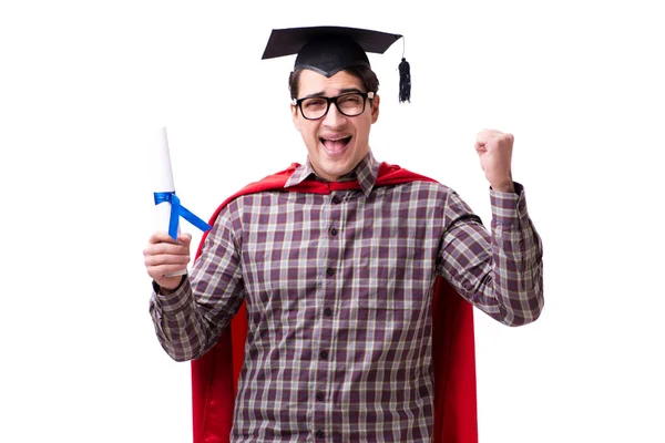 Estudante super-herói graduando-se usando tampa placa argamassa isolada — Fotografia de Stock