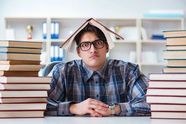 Nerd funny student preparing for university exams