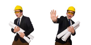 Beyaz üzerine çizimler yapan komik bir mimar.