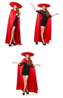 Kırmızı elbiseli Meksikalı kadın beyaz üzerine