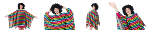 Menina bonita no poncho mexicano isolado no branco — Fotografia de Stock